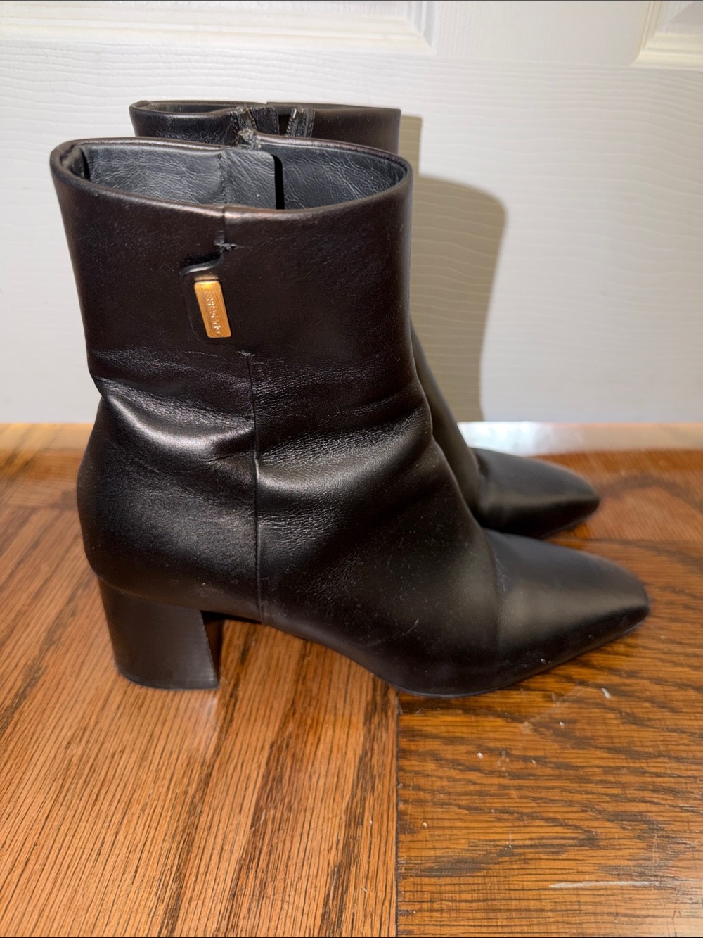 Salvatore Ferragamo Black Leather Pointed Toe Heeled Ankle Boots with Gold Tag